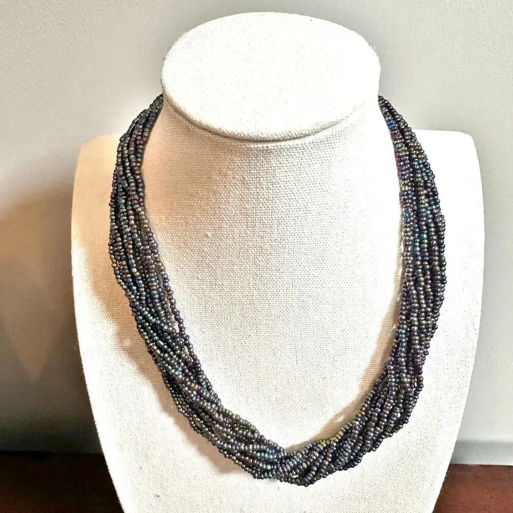 Seed Beaded Statement Necklace Iridescent Chunky Beads Multi Strand Layers